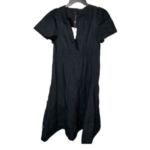 NWT Quince Black Organic Cotton Tiered Midi Dress‎ Short Sleeve